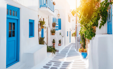 A picturesque Greek street with white-washed buildings, vibrant blue doors, and colorful flowers under a bright blue sky.
