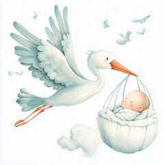 Baby shower concept flying stork with a baby wrapped in a blanket