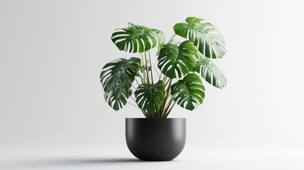 Obraz premium A potted Monstera plant with large, glossy leaves against a minimalist background.
