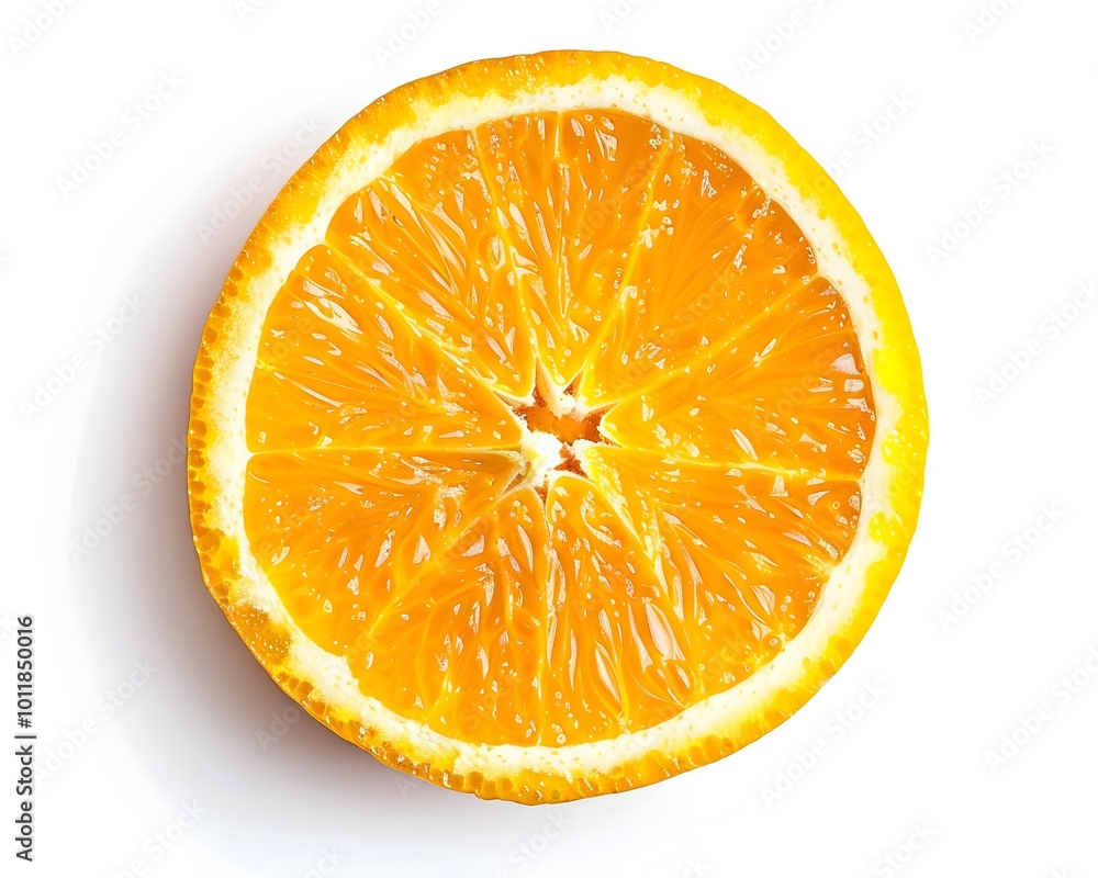 Poster vibrant orange slice with visible texture and pulp on a pure white background