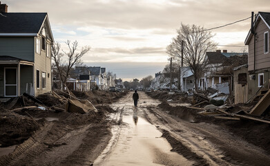 A lone person walks down a muddy, deserted street in a neighborhood heavily damaged by a natural disaster.