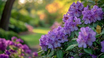 Obraz premium Beautiful purple blooms adorn a shrub in Acton Botanical Garden, Massachusetts.