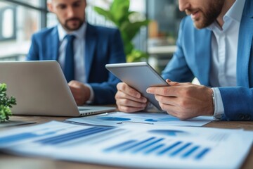 Tablet, laptop and business men planning in conference room meeting, teamwork and discussion of corporate data. Professional people or partner talking, review or report analysis, Generative AI