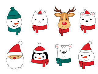 Set of cute cartoon Christmas characters such as snowman, Santa Claus, deer, cat, bear, deer, penguin.