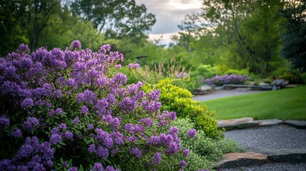 Obraz premium Beautiful purple blooms adorn a shrub in Acton Botanical Garden, Massachusetts.
