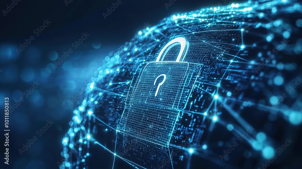 Poster digital security concept with lock and data visualization