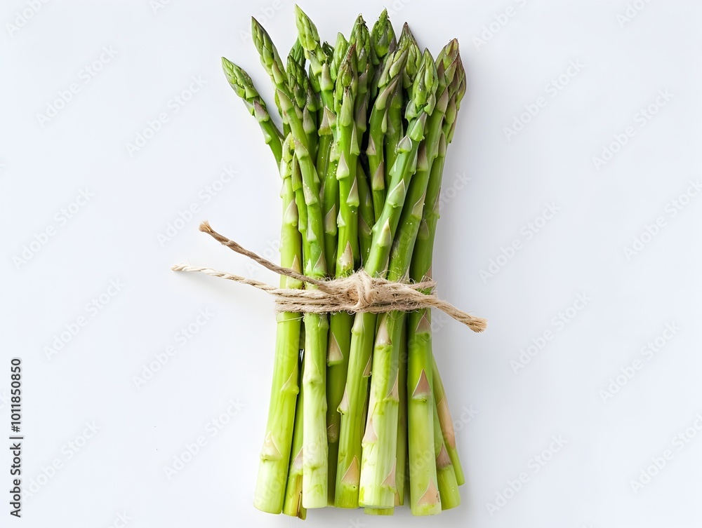 Poster a bundle of fresh green asparagus spears tied with a string on a white background