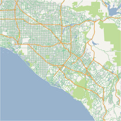 Map of Orange County in California in a normal road map style. Contains layered vector with roads water, parks, etc.