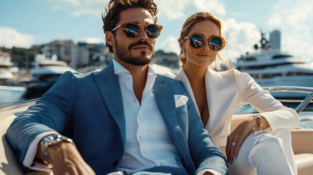 A stylish, wealthy couple wearing sunglasses, relaxing on a luxurious yacht, embodying the high-end lifestyle of modern millionaires