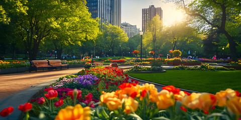 Obraz premium Vibrant city park with blooming flowers, city park, vibrant, flowers, blooming, urban, garden, greenery, spring