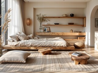 Serene Minimalist Bedroom: Warm, natural light bathes a minimalist bedroom featuring a low platform bed, wooden shelves, and neutral tones. Creating a calm and sophisticated atmosphere. 