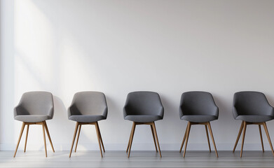 A row of modern gray chairs lined up against a minimalist white wall in a well-lit room.