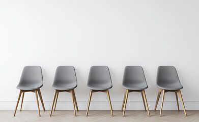 A row of modern gray chairs lined up against a minimalist white wall in a well-lit room.