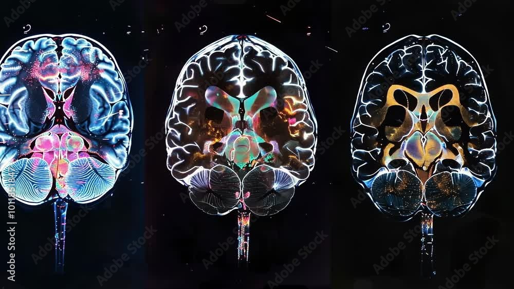 Poster three colorful coronal views of the human brain showcasing enhanced neural activity, suggesting adva