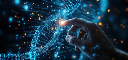 Hand holding a holographic DNA strand representing digital health and biotechnology innovations