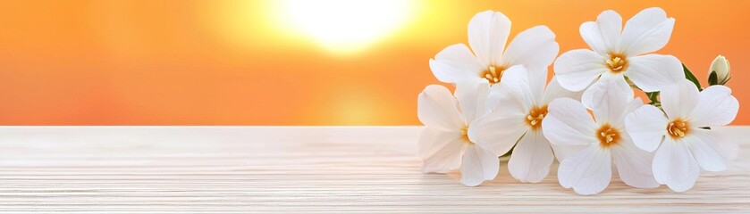 Delicate jasmine blossoms glowing in the soft light of a sunset, with subtle fragrances carried by a gentle breeze, creating a feeling of peace and harmony