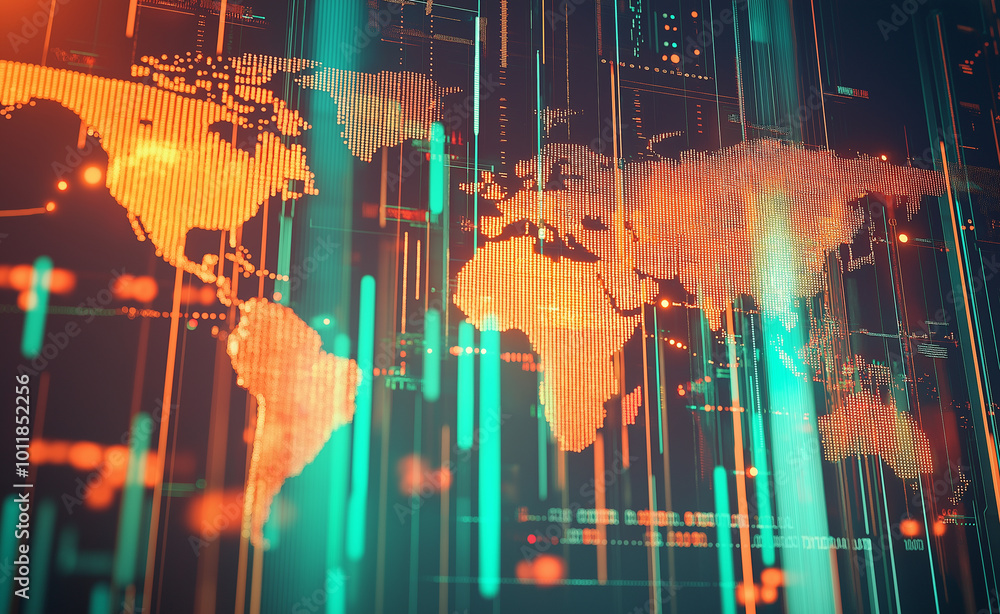 Poster a digital, futuristic map of the world illuminated with data points and neon colors, representing gl