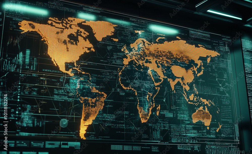 Poster a digital, futuristic map of the world illuminated with data points and neon colors, representing gl