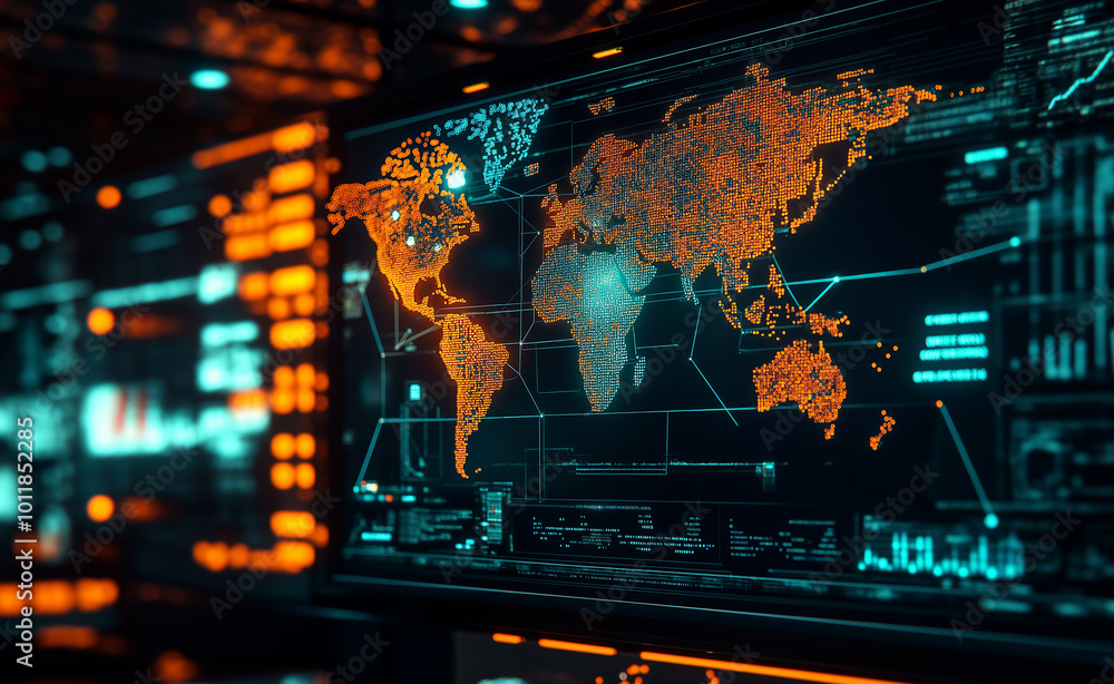 Poster a digital, futuristic map of the world illuminated with data points and neon colors, representing gl