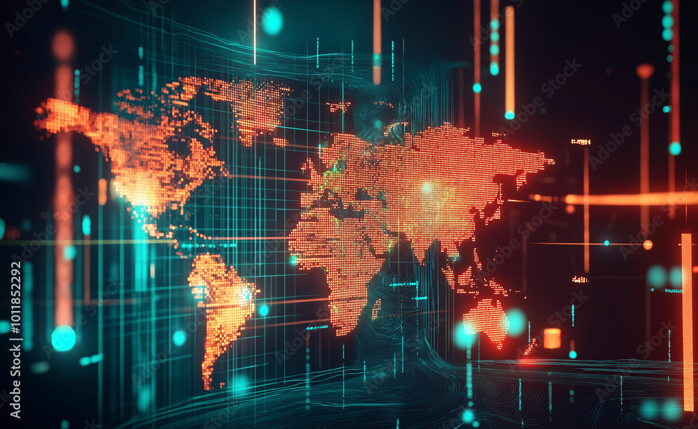 Poster a digital, futuristic map of the world illuminated with data points and neon colors, representing gl