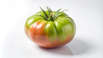 A single, ripe green and red heirloom tomato on a white background.