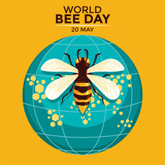World Bee Day creative template with bee illustration and honeycomb world map background