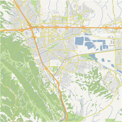 Map of Pleasanton in California in a normal road map style. Contains layered vector with roads water, parks, etc.