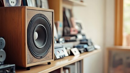 A wellloved old speaker with scuffs and scratches, sitting on a shelf lined with cassette tapes and memorabilia from past decades