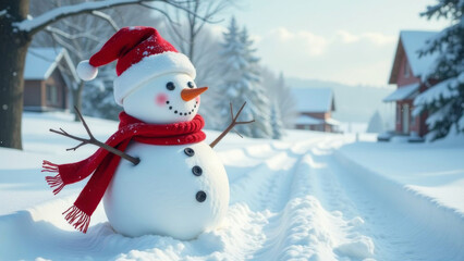 Fototapeta premium A Christmas snowman smiles at you near the path leading home.