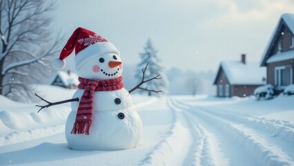 Obraz premium A Christmas snowman smiles at you near the path leading home.