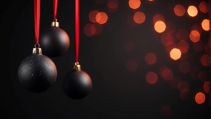Fototapeta premium Black Christmas balls hang on a black background.
