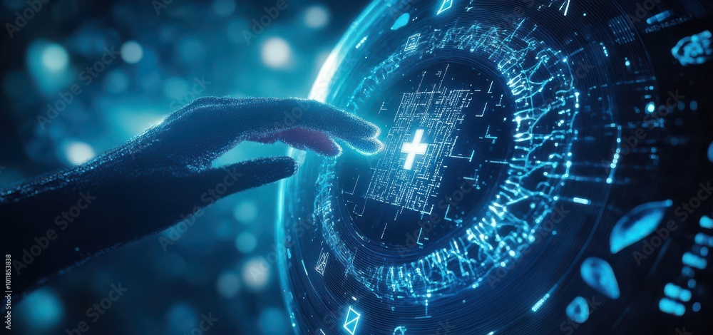 Poster futuristic digital technology interface with hand interacting with holographic dna data display surr