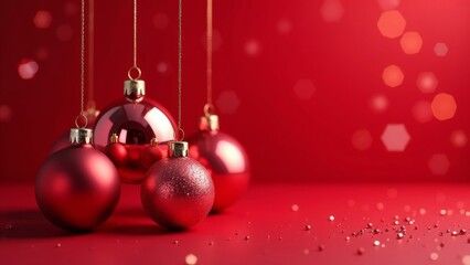 Red Christmas balls on a red background with bokeh.