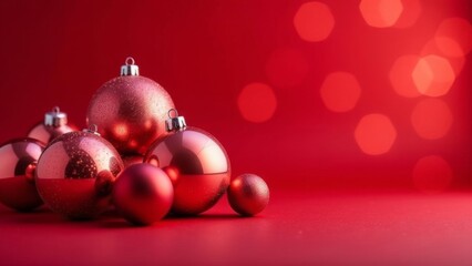 Red Christmas balls on a red background with bokeh.