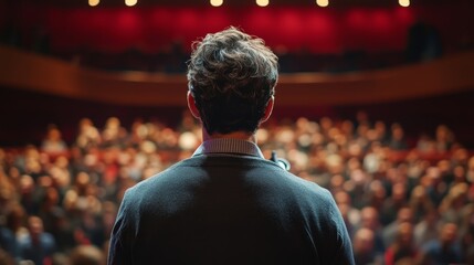 Business and entrepreneurship symposium. Speaker giving a talk at business meeting. Audience in conference hall. Rear view of unrecognized participant, Generative AI