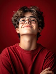 Fototapeta premium Portrait of a smiling teenage boy wearing glasses and red shirt against red background