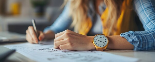Businesswoman Filling Weekly Time Sheet, Generative AI
