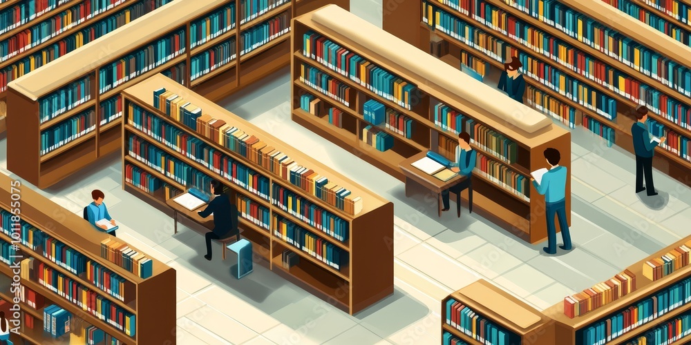 Poster libraries and study areas: depict a well-designed library with students studying, highlighting the i