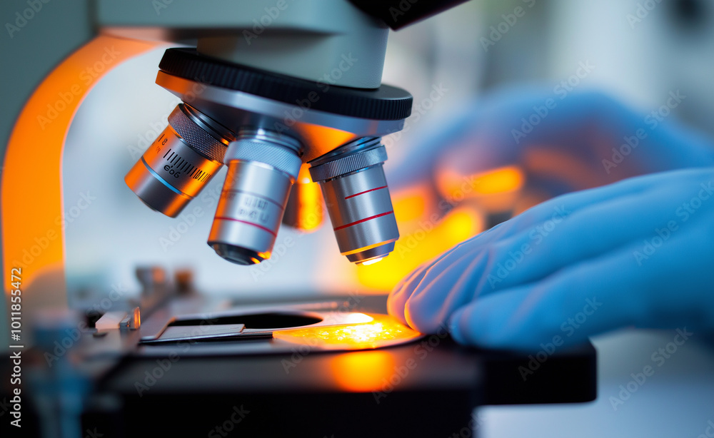 Poster scientist adjusting a sample under a microscope in a laboratory with blue gloves.