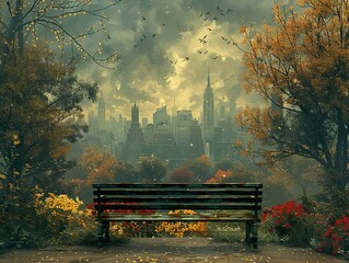 Autumn Cityscape: A Tranquil Bench overlooking the City
