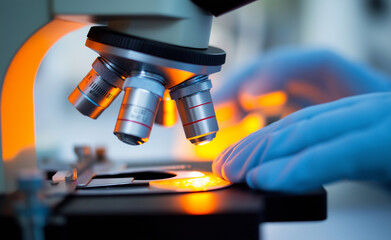 Scientist adjusting a sample under a microscope in a laboratory with blue gloves.