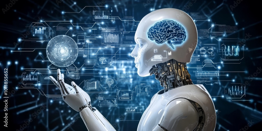 Poster Applications of AI Development: Illustrate various industries (healthcare, finance, transportation) using AI technologies, with visuals representing different application