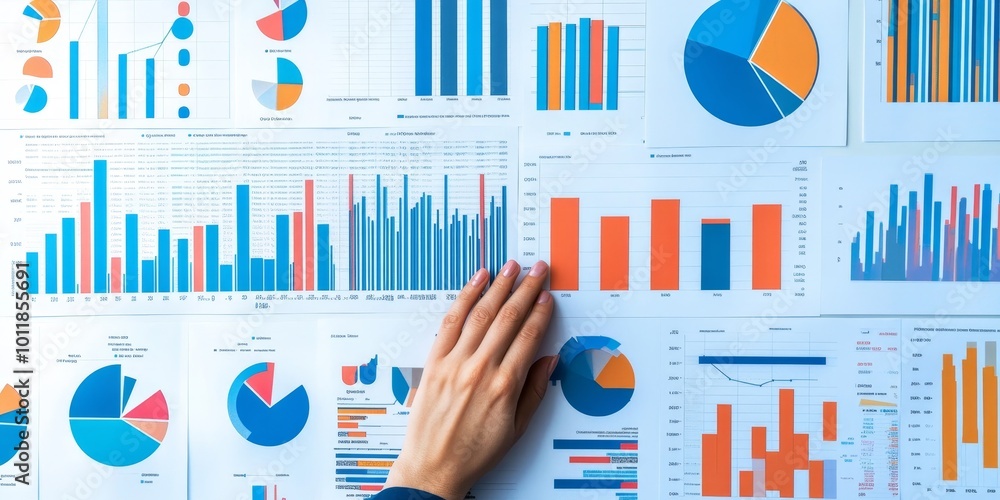 Aufkleber Market Research Analysis: Create an image of a person analyzing economic reports and trends with charts, graphs, and data sheets scattered across a desk.