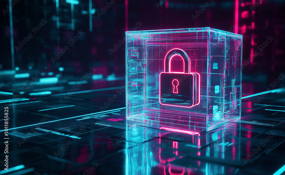 Poster digital lock encased in glass symbolizing cybersecurity and data protection in a futuristic setting.