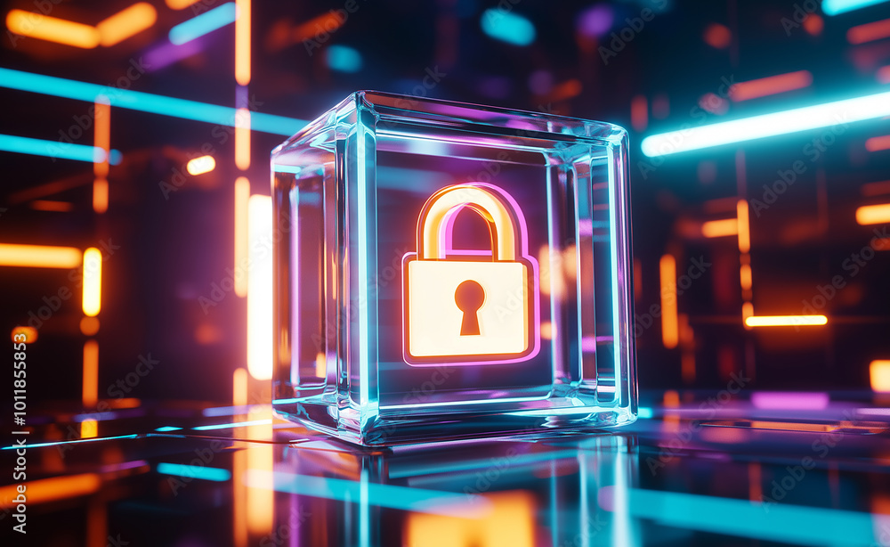 Poster digital lock encased in glass symbolizing cybersecurity and data protection in a futuristic setting.