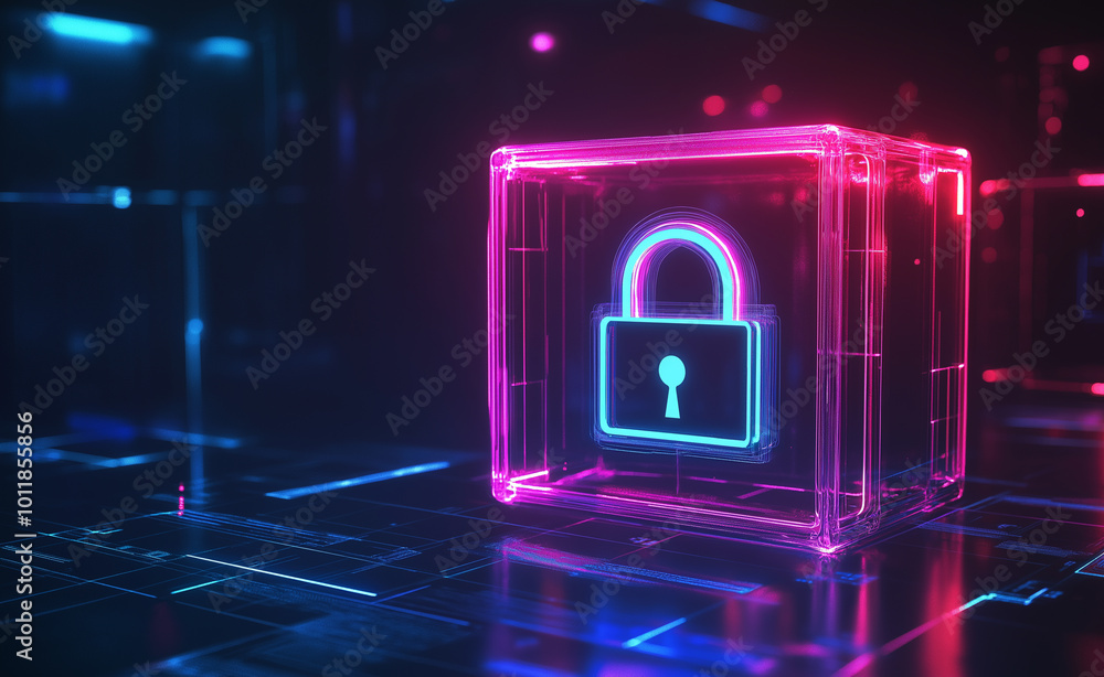 Aufkleber digital lock encased in glass symbolizing cybersecurity and data protection in a futuristic setting.