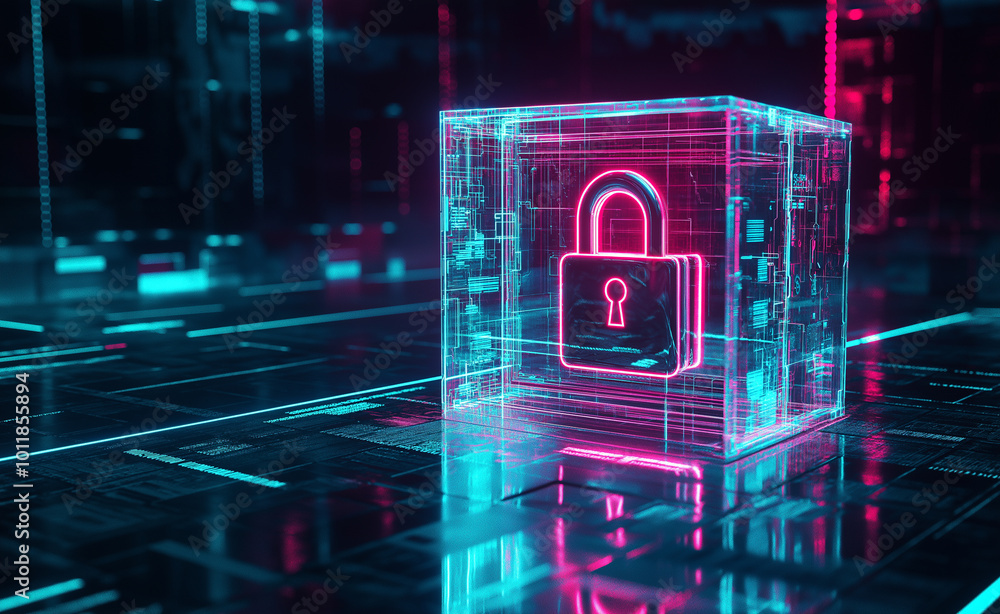 Poster digital lock encased in glass symbolizing cybersecurity and data protection in a futuristic setting.
