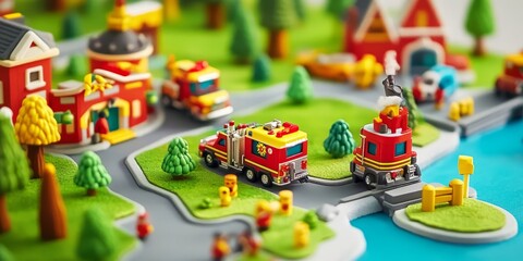 Fire Stations: Create an image of a modern fire station with fire trucks and firefighters preparing for action, showcasing public safety infrastructure.