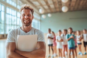 Portrait of a high school coach. Group of schoolchildren in sports clothes, blurred. School sports hall. Physical education. Teamwork. Movable games. Poster, banner, copy space