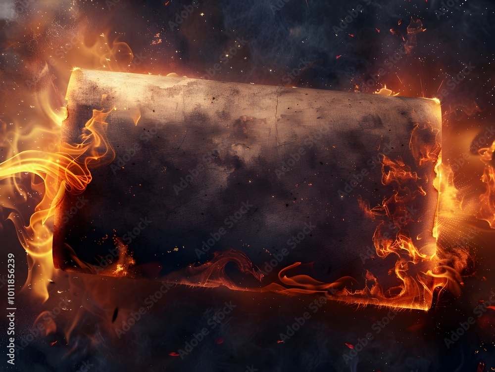 Poster ancient scroll bursting into flames with ash and embers exploding outward in a dark and mystical set